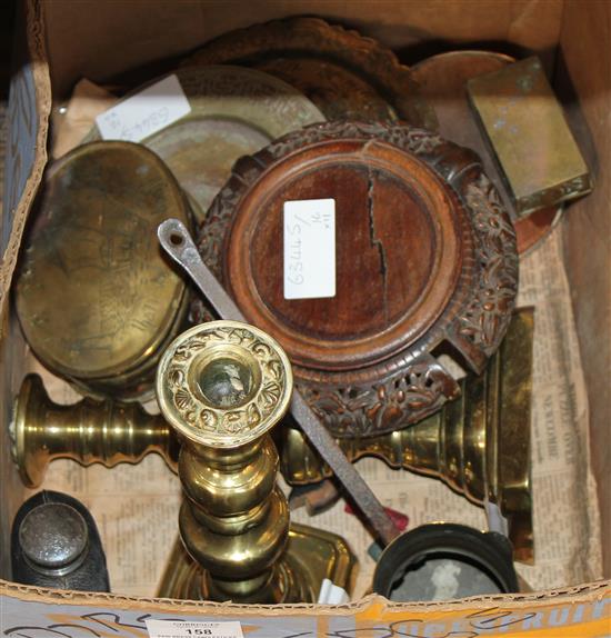 Pair brass candlesticks, tobacco box, Chinese stand, copper box, brandy saucepan, 4 decorative dishes and spirit flask